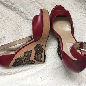 Valentino Rouge Lace Appliqued Wooden Wedges